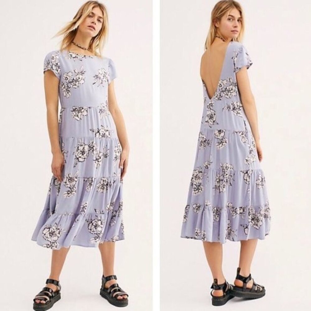 Free People Rita Tiered Floral Midi Dress Slip On Blue Boho, Coastal, Western